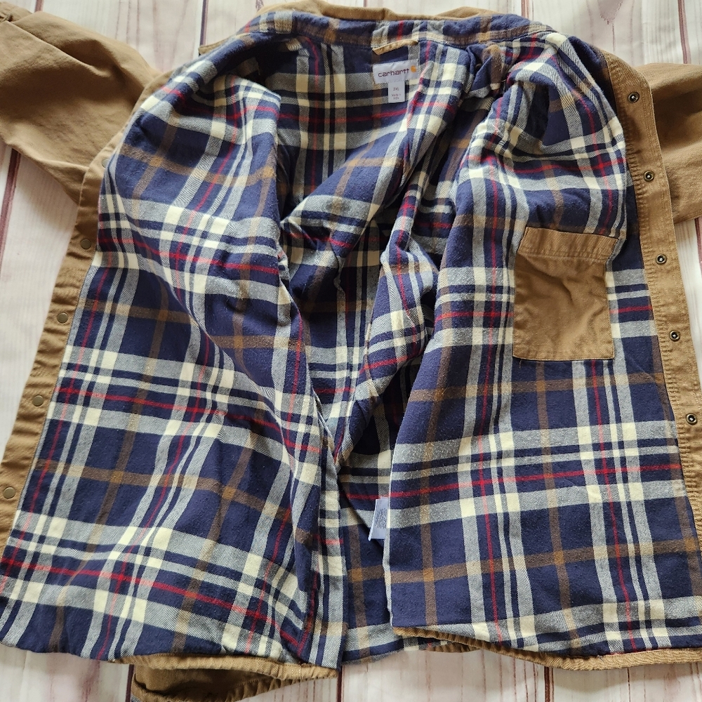 Carhartt "Weathered Canvas Shirt Jac" Flannel-lined Shacket Tan | Men's Size 2XL - Picture 7 of 11